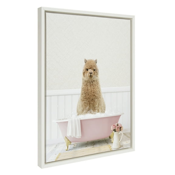 Kate and Laurel Sylvie Alpaca in Cottage Rose Bath Framed Canvas Wall Art by Amy Peterson Art Studio, 18x24 White, Modern Fun Decorative Bathtub Wall Art for Home Décor
