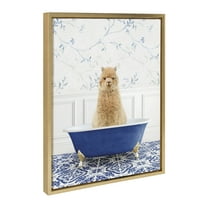 Kate and Laurel Sylvie Alpaca In Eclectic Blue Bath Framed Canvas Wall Art by Amy Peterson Art Studio, 18x24 Gold, Adorable Animal Art Bathroom Wall Décor
