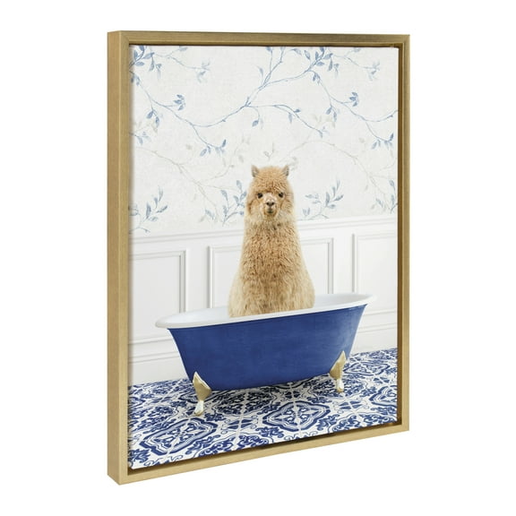 Kate and Laurel Sylvie Alpaca In Eclectic Blue Bath Framed Canvas Wall Art by Amy Peterson Art Studio, 18x24 Gold, Adorable Animal Art Bathroom Wall Décor