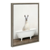 Kate and Laurel Sylvie Alpaca in the Tub Color Framed Canvas Wall Art by Amy Peterson Art Studio, 18x24 Gray, Modern Fun Decorative Bathtub Wall Art for Home Décor