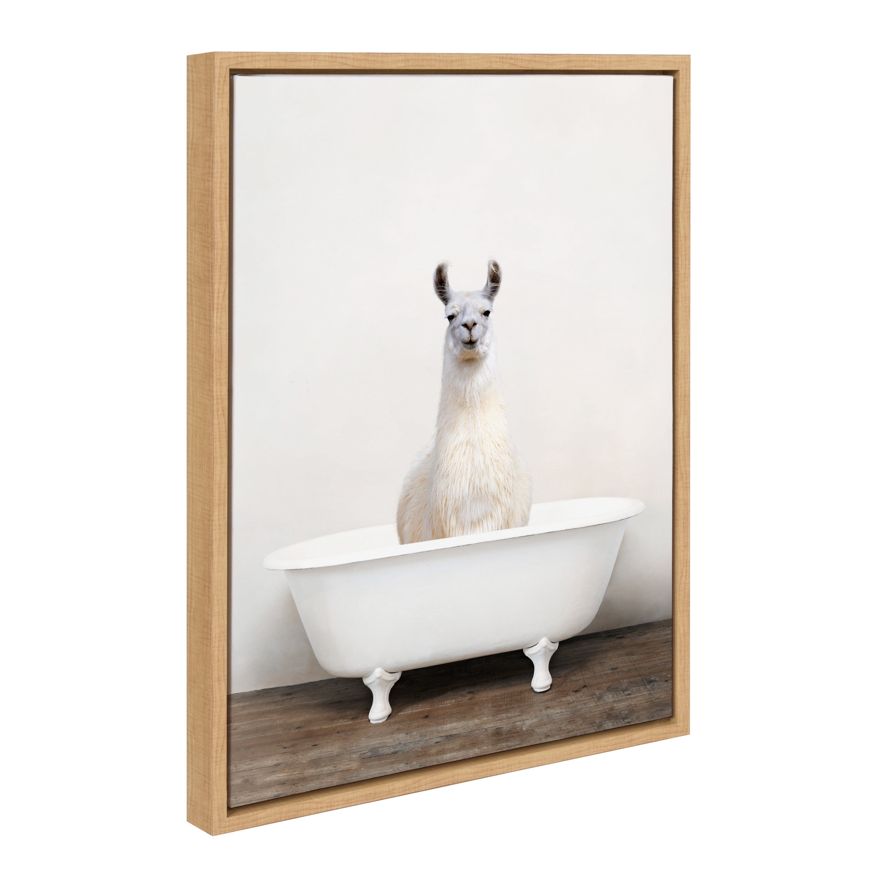 Kate and Laurel Sylvie Alpaca in the Tub Color Framed Canvas Wall Art by Amy Peterson Art Studio, 18x24 Natural, Modern Fun Decorative Bathtub Wall Art for Home Décor