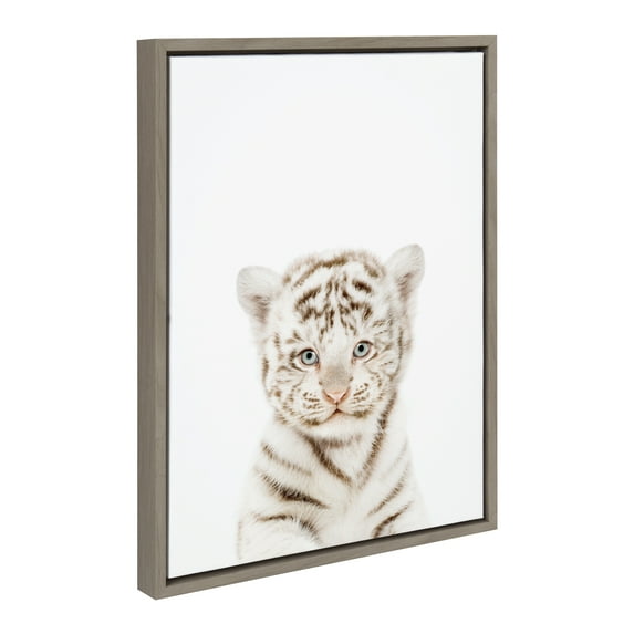 Kate and Laurel Sylvie Animal Studio Baby White Tiger Framed Canvas Wall Art by Amy Peterson Art Studio, 18x24 Gray, Modern Jungle Animal Portrait Art for Wall