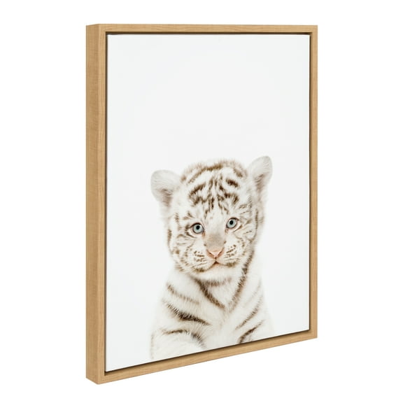Kate and Laurel Sylvie Animal Studio Baby White Tiger Framed Canvas Wall Art by Amy Peterson Art Studio, 18x24 Natural, Modern Jungle Animal Portrait Art for Wall