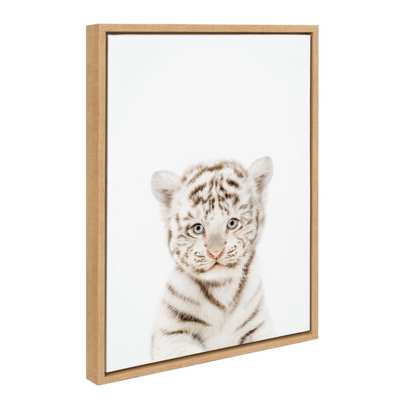 Kate and Laurel Sylvie Animal Studio Baby White Tiger Framed Canvas Wall Art by Amy Peterson Art Studio, 18x24 Natural, Modern Jungle Animal Portrait Art for Wall