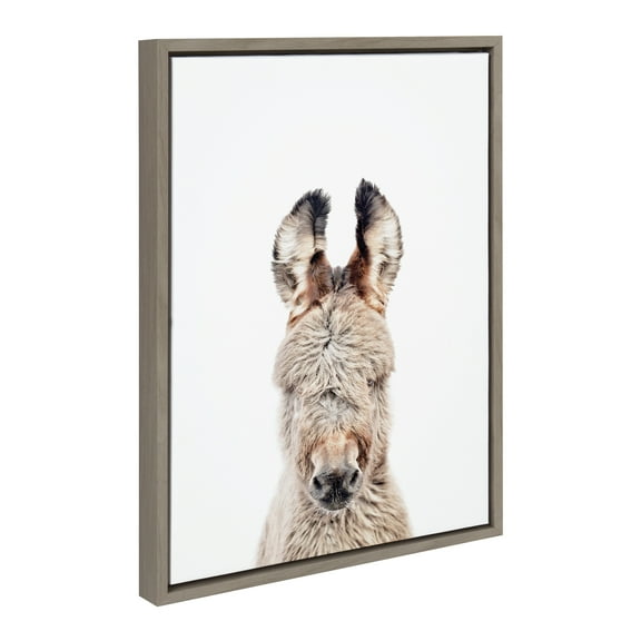 Kate and Laurel Sylvie Animal Studio Burro Portrait Framed Canvas Wall Art by Amy Peterson Art Studio, 18x24 Gray, Modern Donkey Portrait Art for Wall