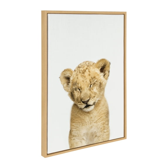 Kate and Laurel Sylvie Animal Studio Sleepy Lion Framed Canvas Wall Art by Amy Peterson Art Studio, 23x33 Natural, Whimsical Fun Animal Nursery Art for Wall