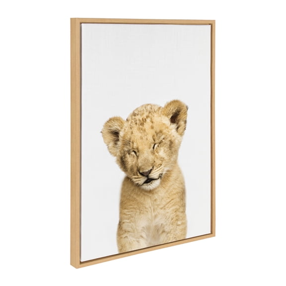 Kate and Laurel Sylvie Animal Studio Sleepy Lion Framed Canvas Wall Art by Amy Peterson Art Studio, 23x33 Natural, Whimsical Fun Animal Nursery Art for Wall