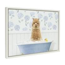 Kate and Laurel Sylvie Baby Alpaca in Hydrangea Bubble Bath Framed Canvas Wall Art by Amy Peterson Art Studio, 18x24 White, Cute Animal Bathtub Art for Wall