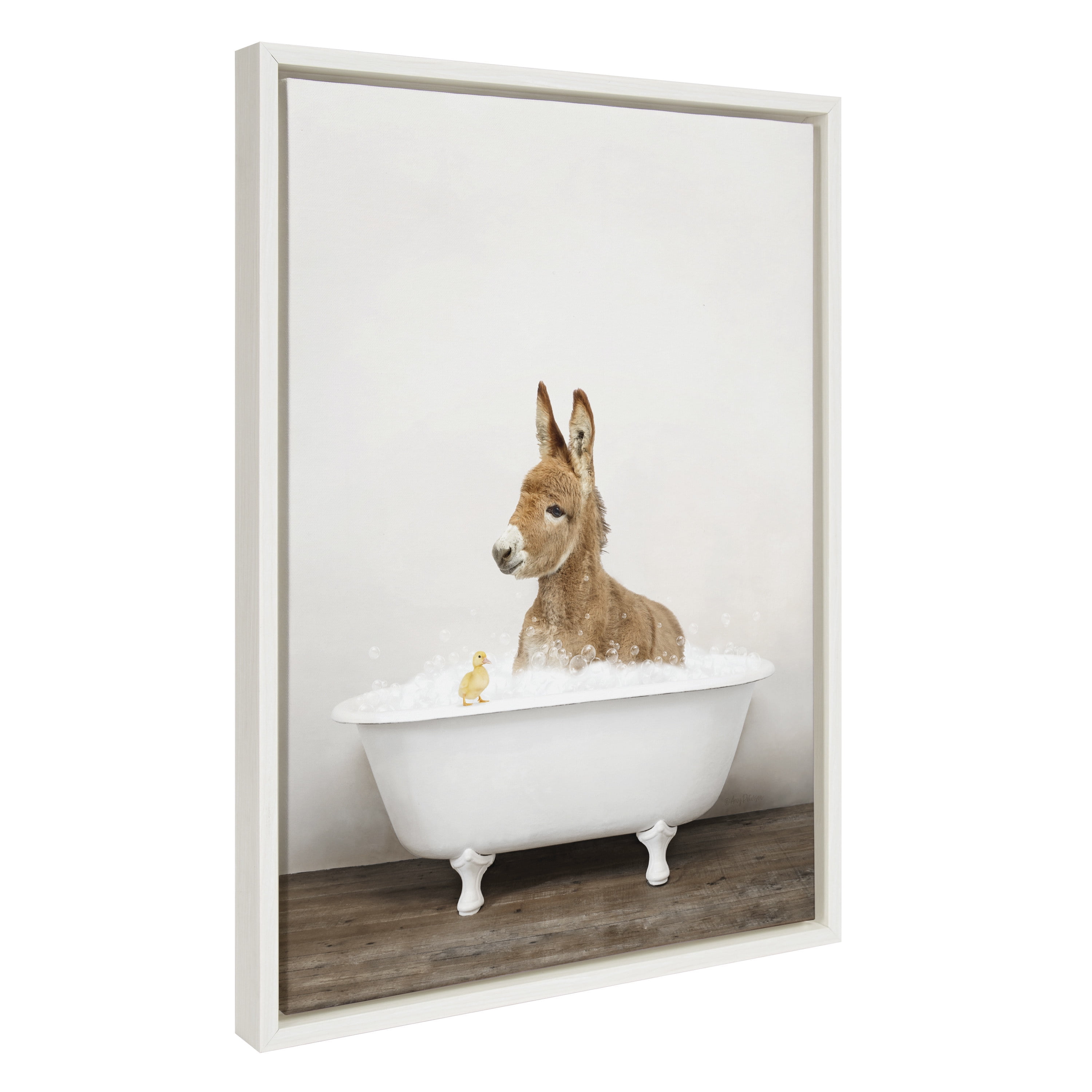 Kate and Laurel Sylvie Baby Donkey in Rustic Bath Framed Canvas Wall Art by Amy Peterson Art Studio, 18x24 White, Modern Fun Decorative Bathtub Wall Art for Home Décor
