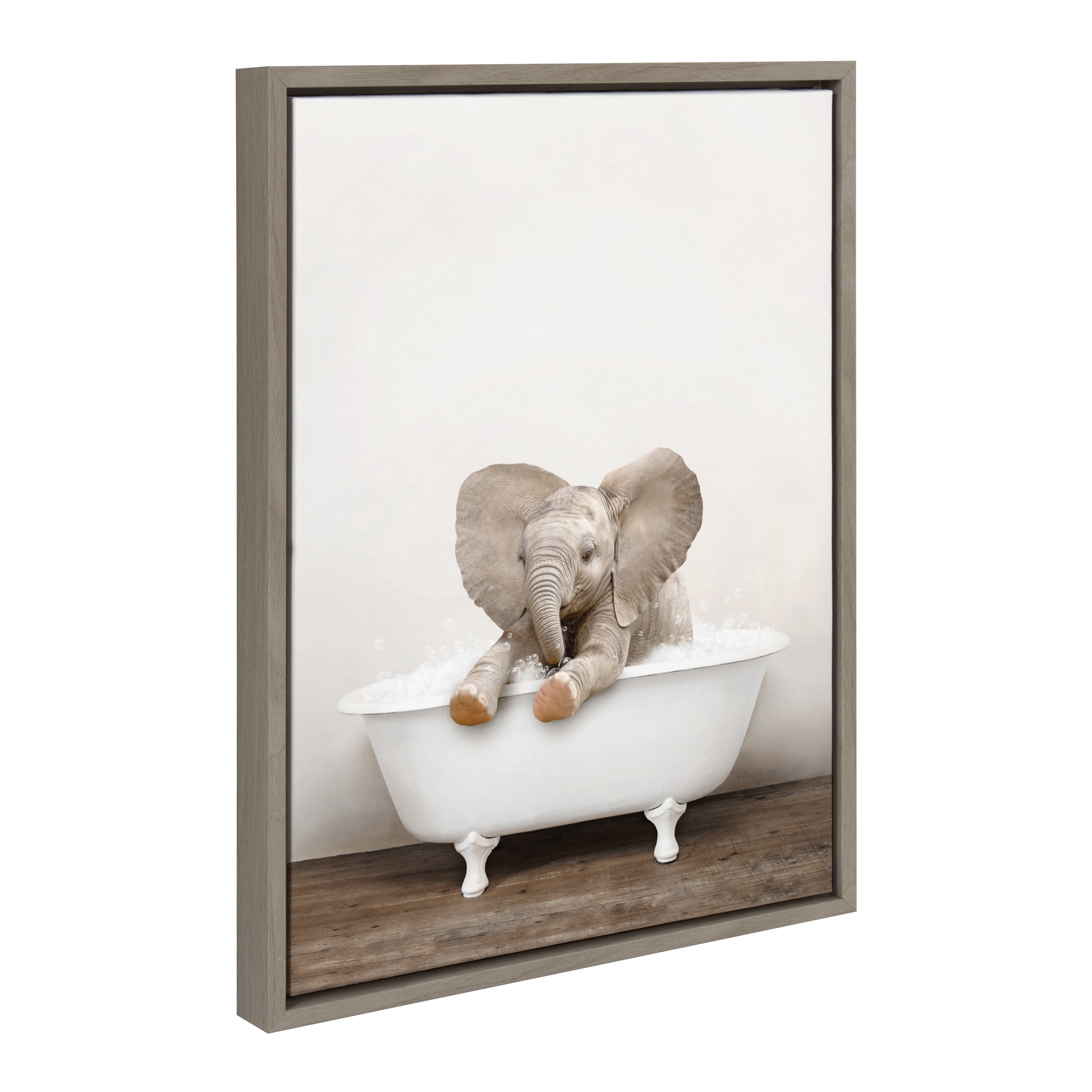 Kate and Laurel Sylvie Baby Elephant No 6 in Rustic Bath Framed Canvas Wall Art by Amy Peterson Art Studio, 18x24 Gray, Modern Fun Decorative Bathtub Wall Art for Home Décor