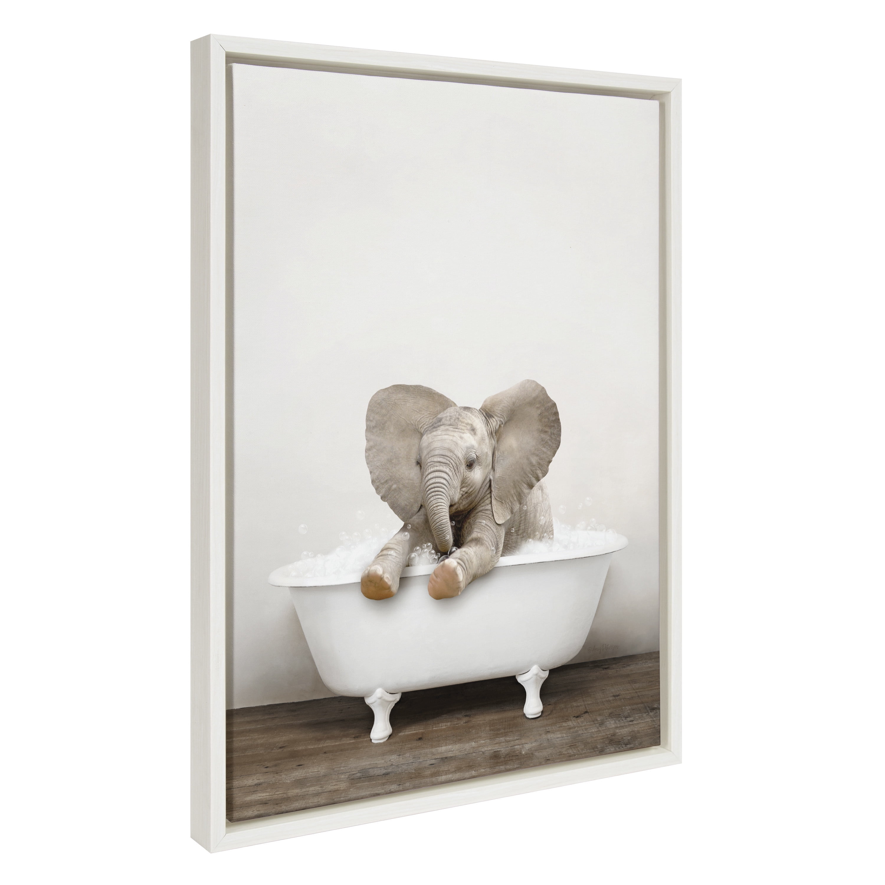Rustic White Framed Canvas Print with Baby Elephant in Bathtub