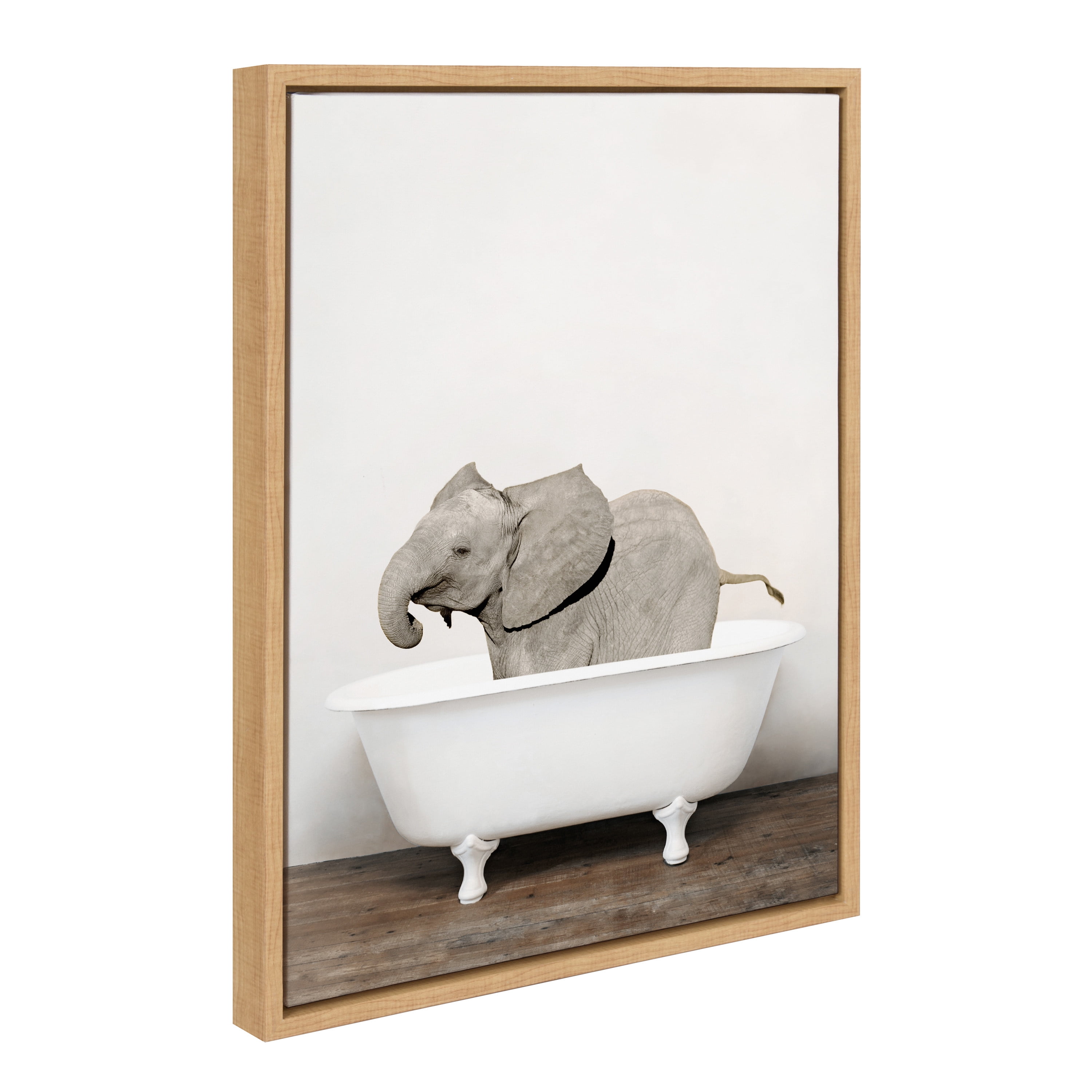 Kate and Laurel Sylvie Baby Elephant in the Tub Color Framed Canvas Wall Art by Amy Peterson Art Studio, 18x24 Natural, Modern Fun Decorative Bathtub Wall Art for Home Décor