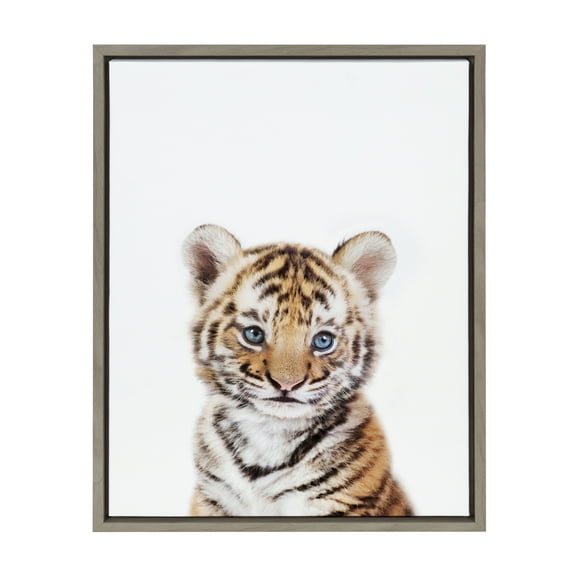 Kate and Laurel Sylvie Baby Tiger Portrait Framed Canvas Wall Art By Amy Peterson, 18x24 Gray, Adorable Baby Animal Wall Decor For Bedroom, Nursery, Or Living Room