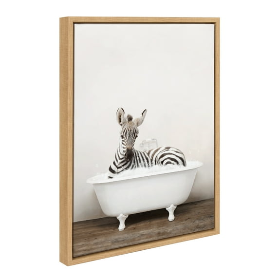 Kate and Laurel Sylvie Baby Zebra in Rustic Bath Framed Canvas Wall Art by Amy Peterson Art Studio, 18x24 Natural, Modern Fun Decorative Bathtub Wall Art for Home Décor