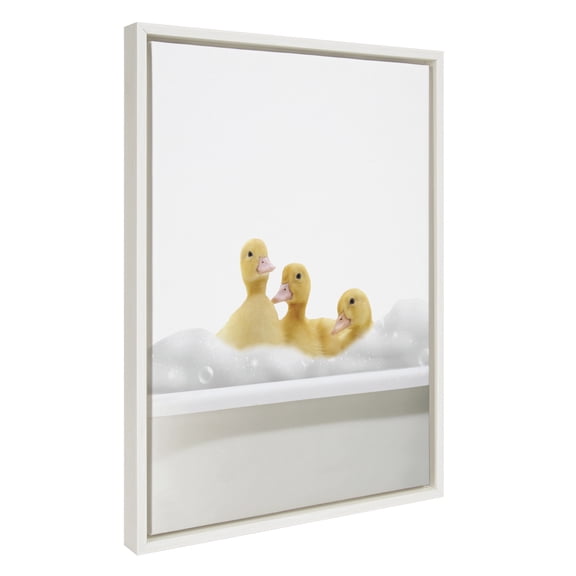 Kate and Laurel Sylvie Bathroom Bubble Bath 3 Ducks Framed Canvas Wall Art by The Creative Bunch Studio, 18x24 White, Cute Animal Bathtub Art for Wall