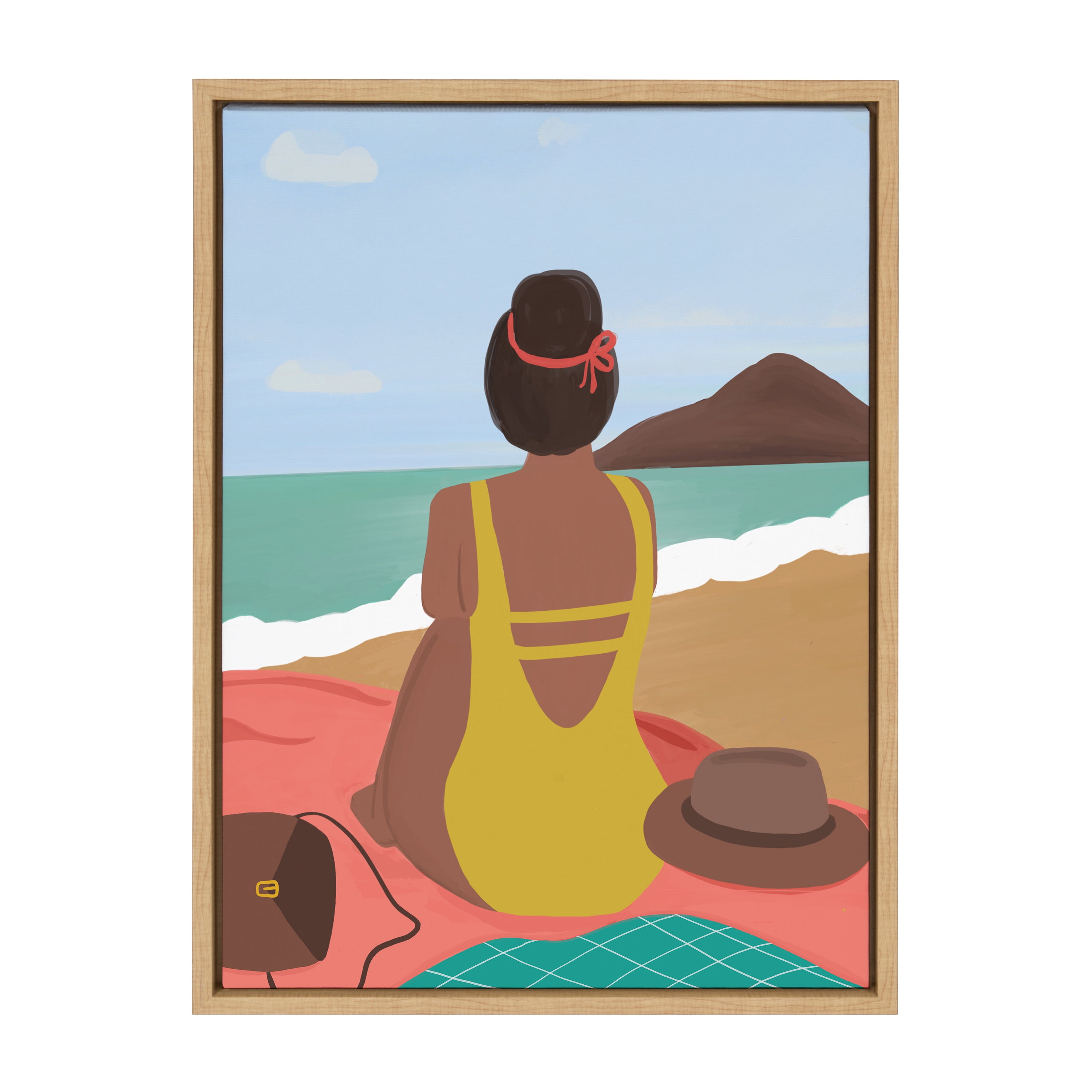 Beach Solo Framed Canvas Print in Natural Wood Frame