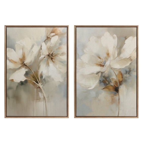 Kate and Laurel Sylvie Beaded Abstract Botanical Floral Linen Painting 1 and 2 Vintage Framed Canvas Wall Art Set by The Creative Bunch Studio, 2 Piece Set 23x33 Gold, Simple Floral Art for Wall