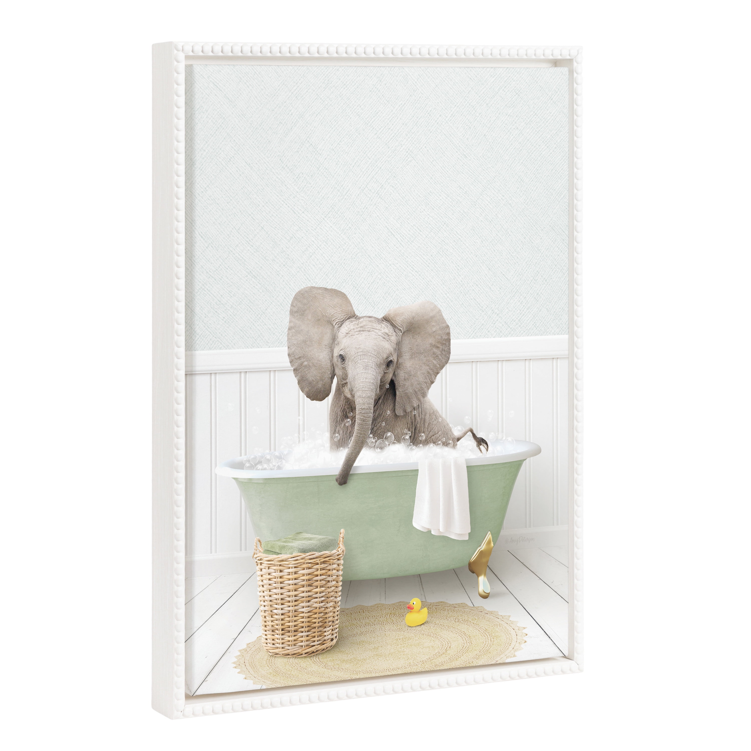 18" x 24" White Framed Canvas Print of Baby Elephant in Bathtub