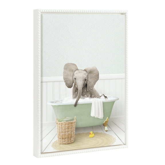 Kate and Laurel Sylvie Beaded Baby Elephant Big Ears in Cottage Bath Vintage Framed Canvas Wall Art by Amy Peterson, 18x24 White, Modern Fun Elephant Bathtub Wall Art for Home Décor