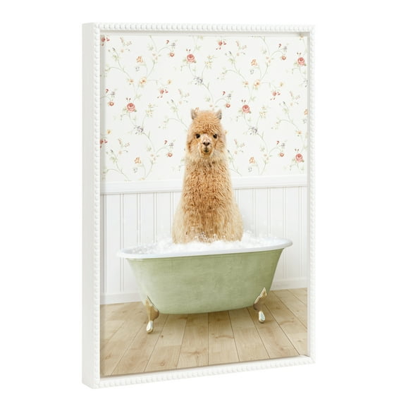 Kate and Laurel Sylvie Beaded Baby Golden Alpaca in Country Cottage Bath Vintage Framed Canvas Wall Art by Amy Peterson, 18x24 White, Modern Fun Alpaca Bathtub Wall Art for Home Décor