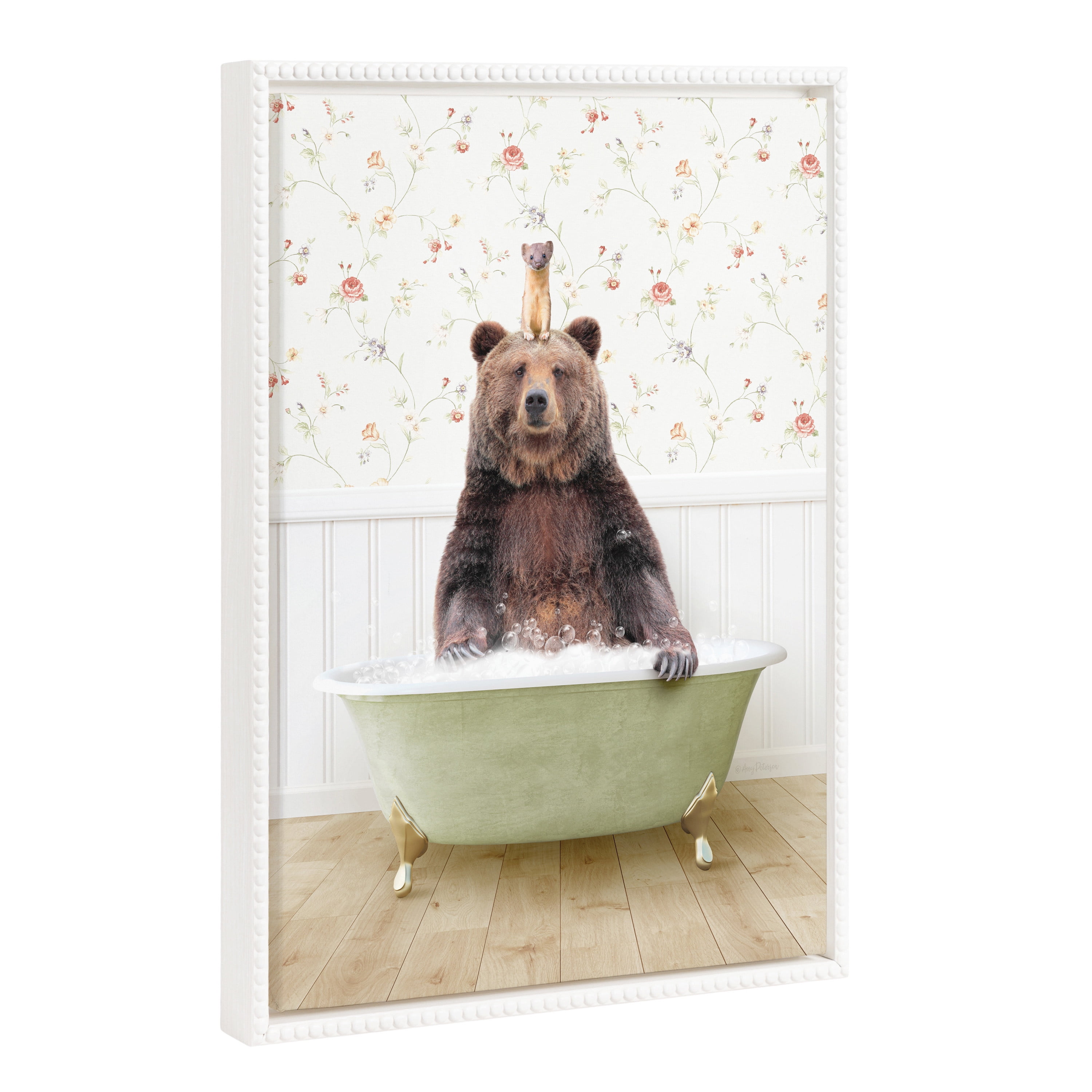 18"x24" Whimsical Bear and Weasel in Bath Framed Canvas