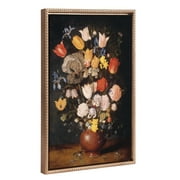 Kate and Laurel Sylvie Beaded Bouquet of Flowers in an Earthenware Vase Vintage Framed Canvas Wall Art by Jan Brueghel The Elder, 18x24 Gold, Painted Floral Bouquet Art for Wall