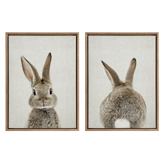 Kate and Laurel Sylvie Beaded Bunny Portrait on Linen and Bunny Tail on Linen Vintage Framed Canvas Wall Art Set by Amy Peterson, 2 Piece Set 18x24 Gold, Cute Animal Art Set for Wall