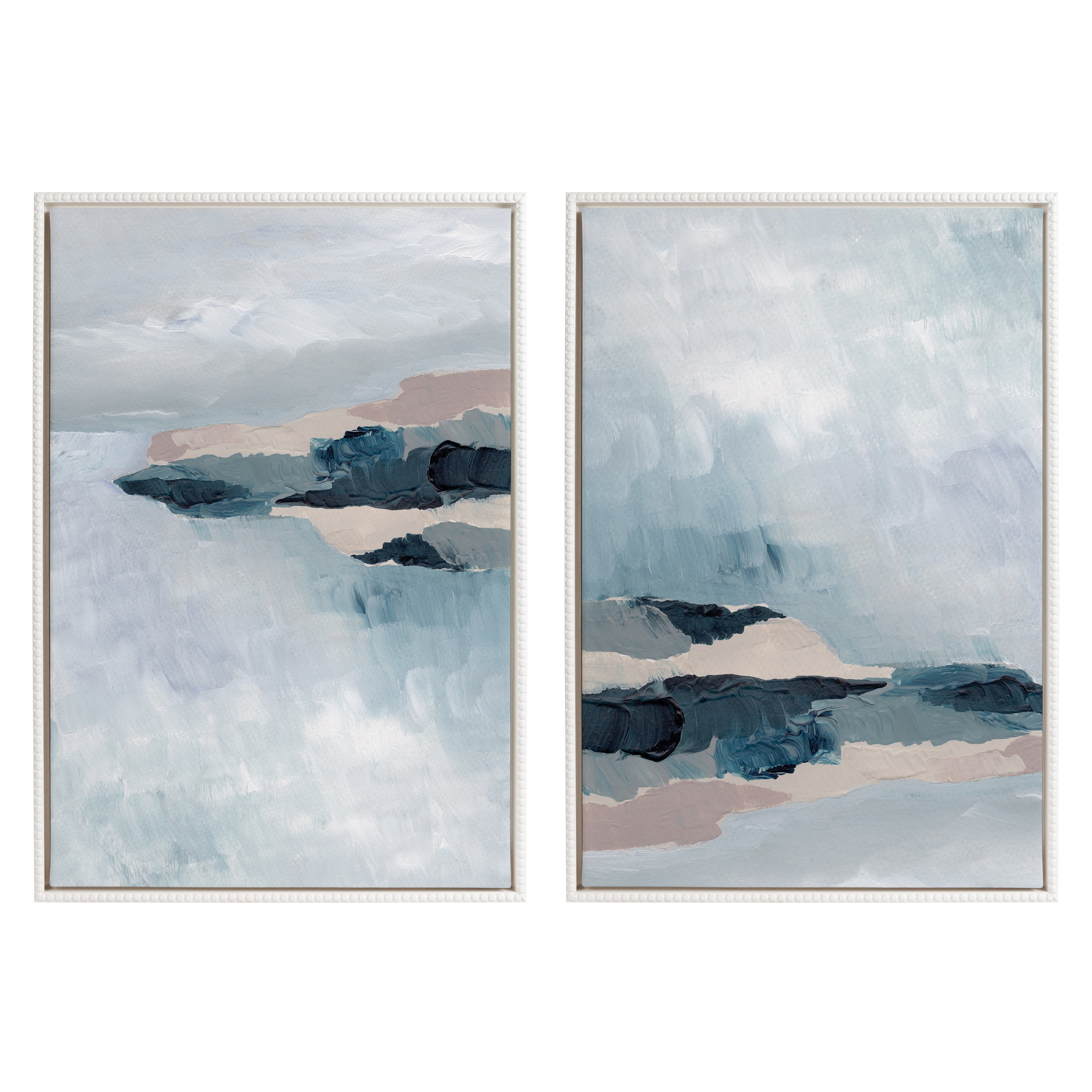 Set of 2 White Beaded Framed Abstract Canvas Art 23"x33"
