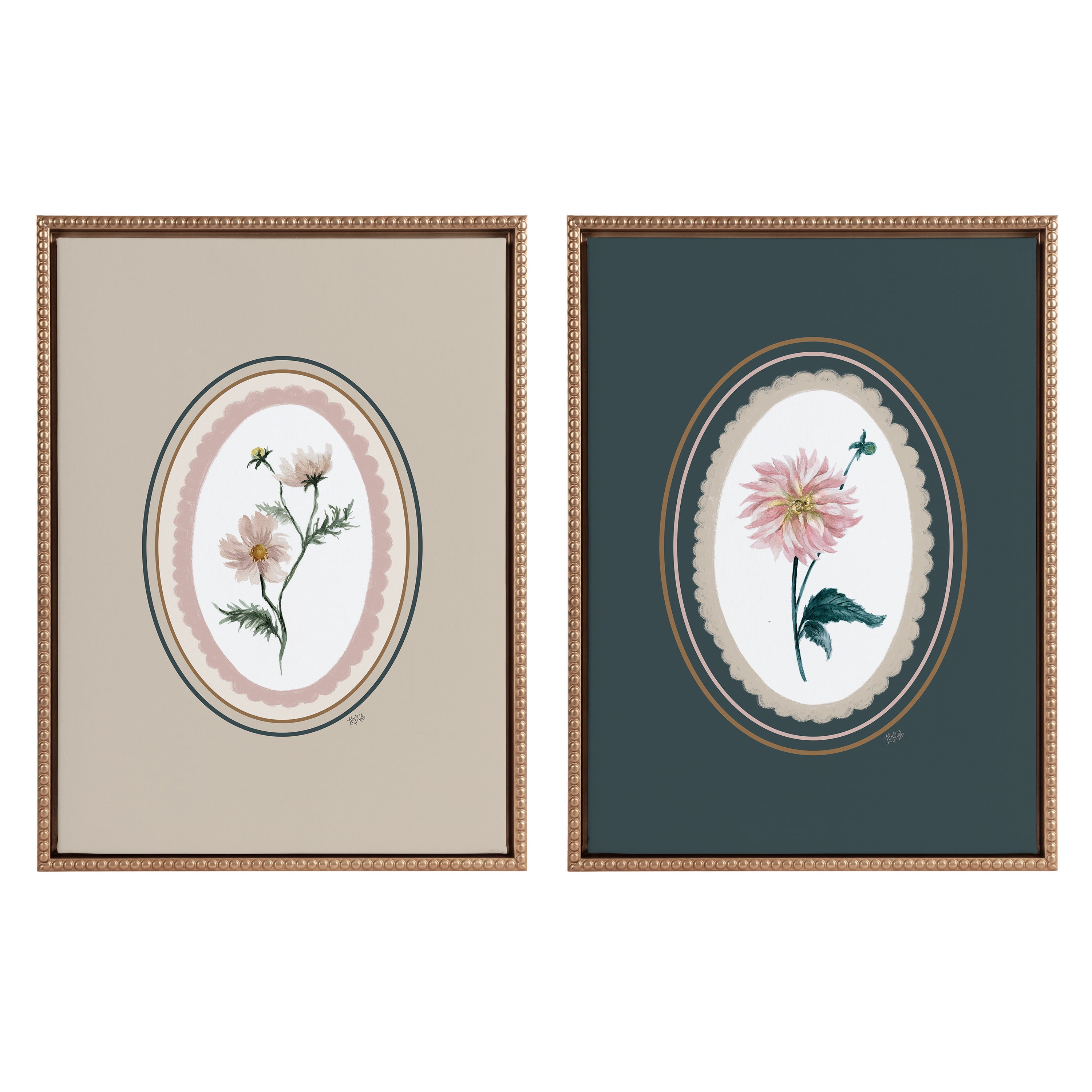 Gold Beaded Frame Floral Canvas Wall Art Set, 18x24