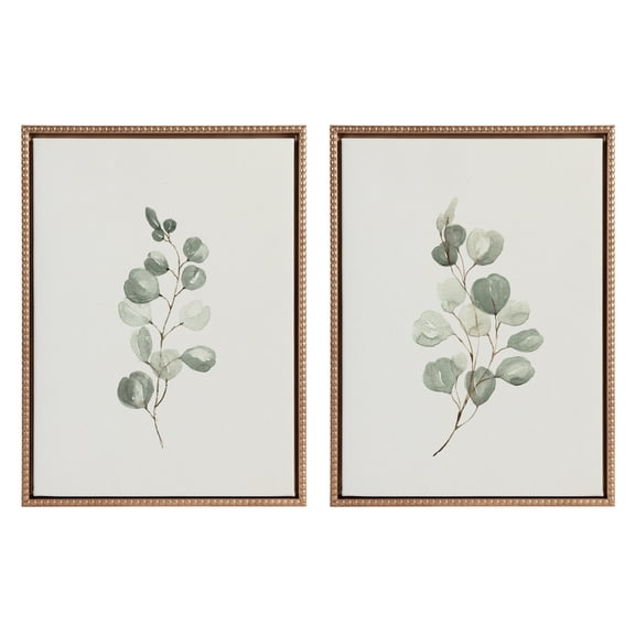 Kate and Laurel Sylvie Beaded Eucalyptus 4a and Eucalyptus 4b Vintage Framed Canvas Wall Art Set by Maja Mitrovic of Makes My Day Happy, 2 Piece Set 18x24 Gold, Simple Plant Art Set Wall Dcor
