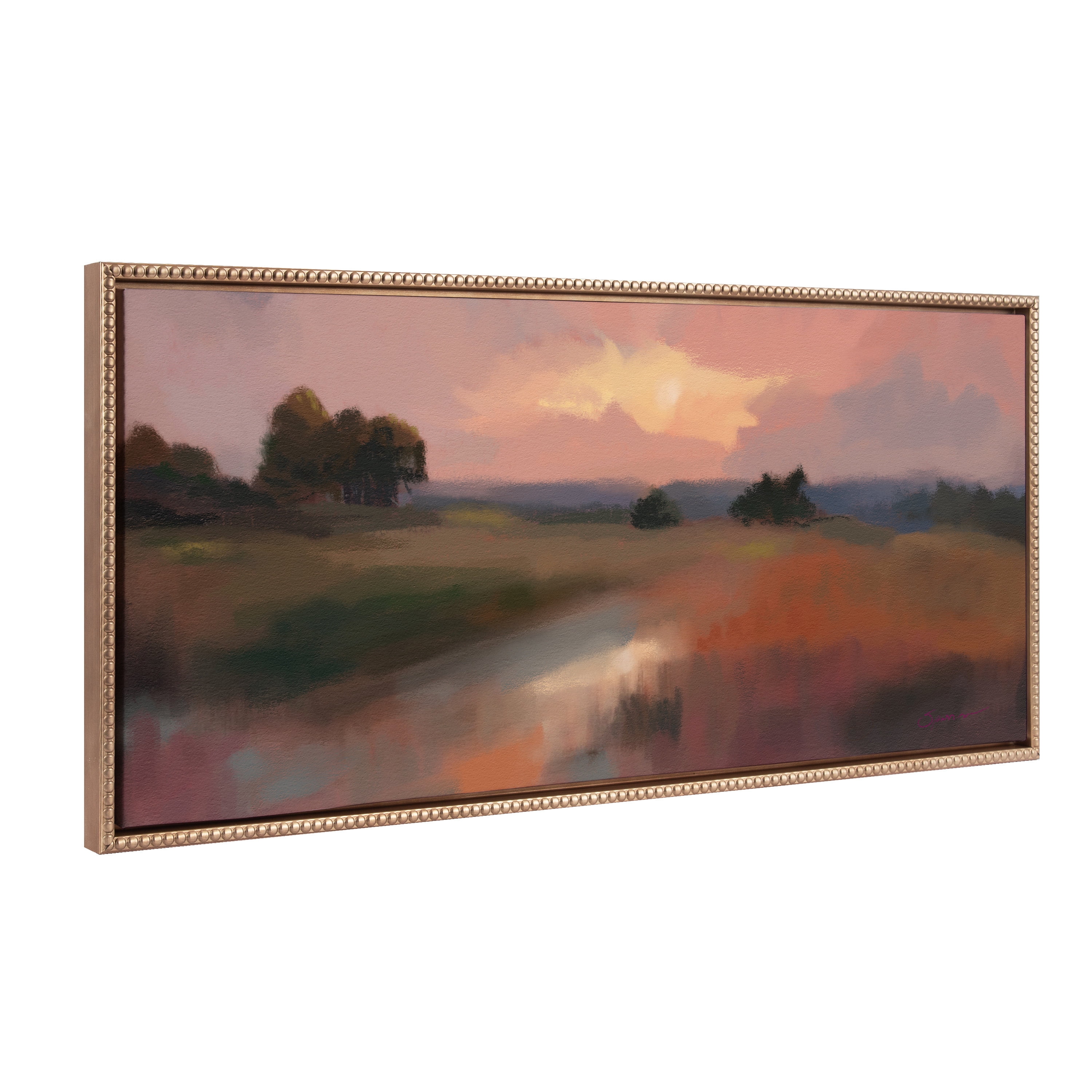 Gold Beaded Framed Abstract Landscape Canvas Art, 18x40