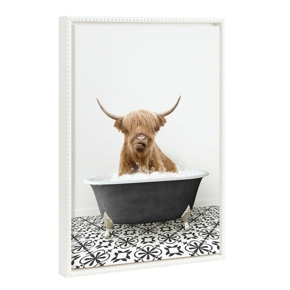Kate and Laurel Sylvie Beaded Highland Cow in Black and White Stencil Bath Vintage Framed Canvas Wall Art by Amy Peterson Art Studio, 18x24 White, Cute Cow Bathtub Art for Wall