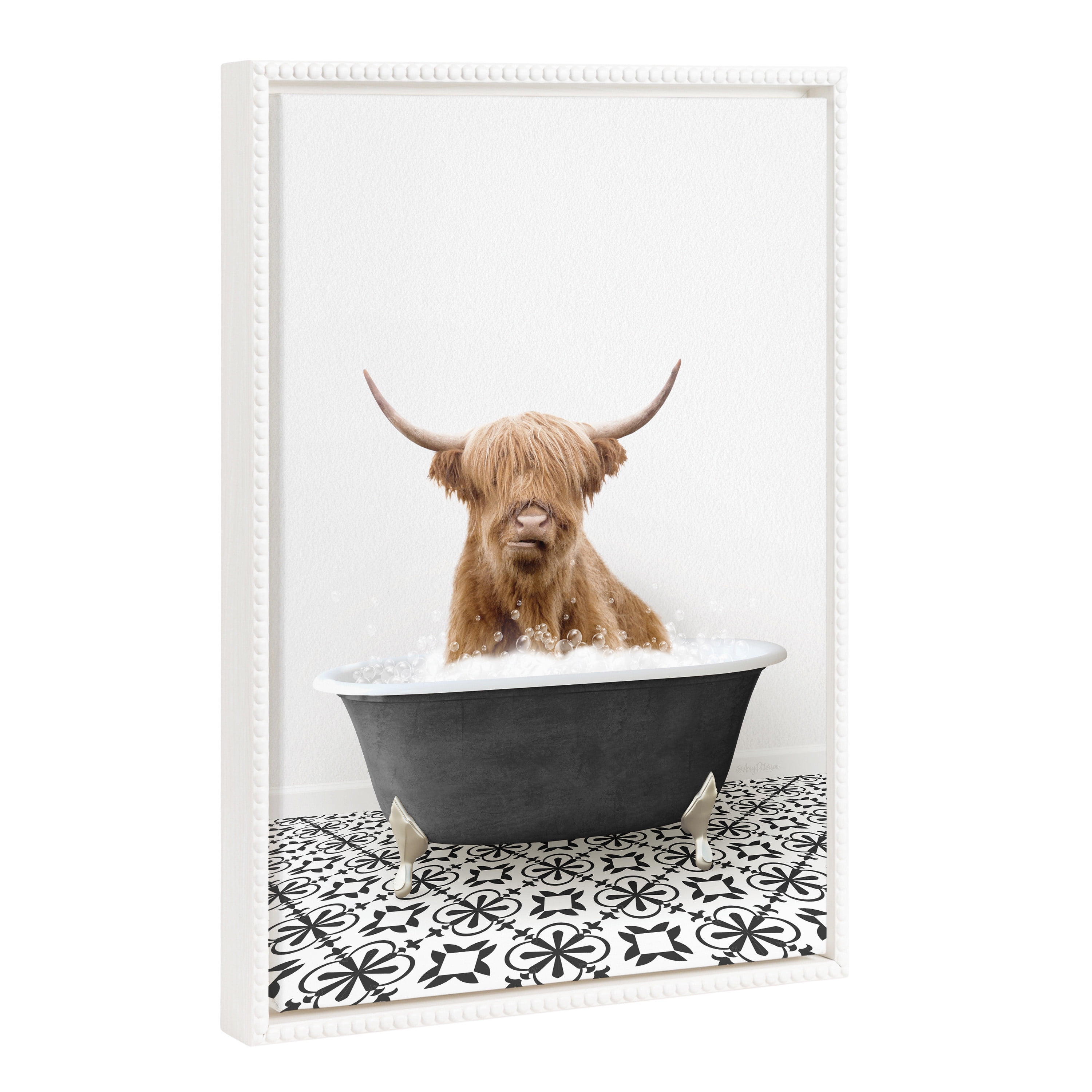 18" x 24" White Framed Canvas Print of Highland Cow in Bathtub