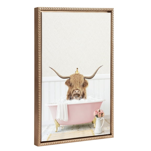 Kate and Laurel Sylvie Beaded Highland Cow with Duckling Cottage Rose Bath Vintage Framed Canvas Wall Art by Amy Peterson, 18x24 Gold, Cute Animal Bathtub Wall Art for Home Décor