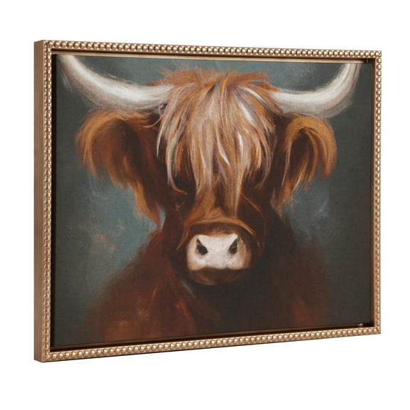 Kate and Laurel Sylvie Beaded Highland Cow Portrait Painting Vintage Framed Canvas Wall Art by The Creative Bunch Studio, 18x24 Gold, Traditional Painterly Farm Animal Art for Wall