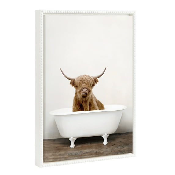 Kate and Laurel Sylvie Beaded Highland Cow in the Tub Color Vintage Framed Canvas Wall Art by Amy Peterson, 18x24 White, Colorful Modern Animal Wall Art