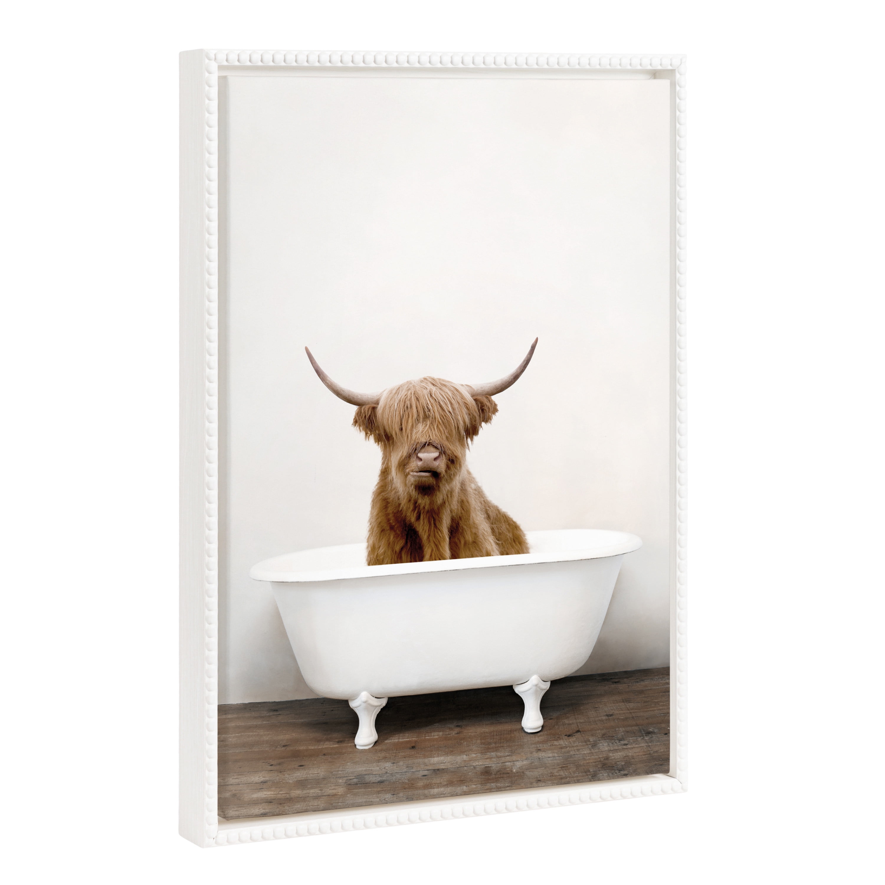 Highland Cow in Bathtub White Framed Canvas Art