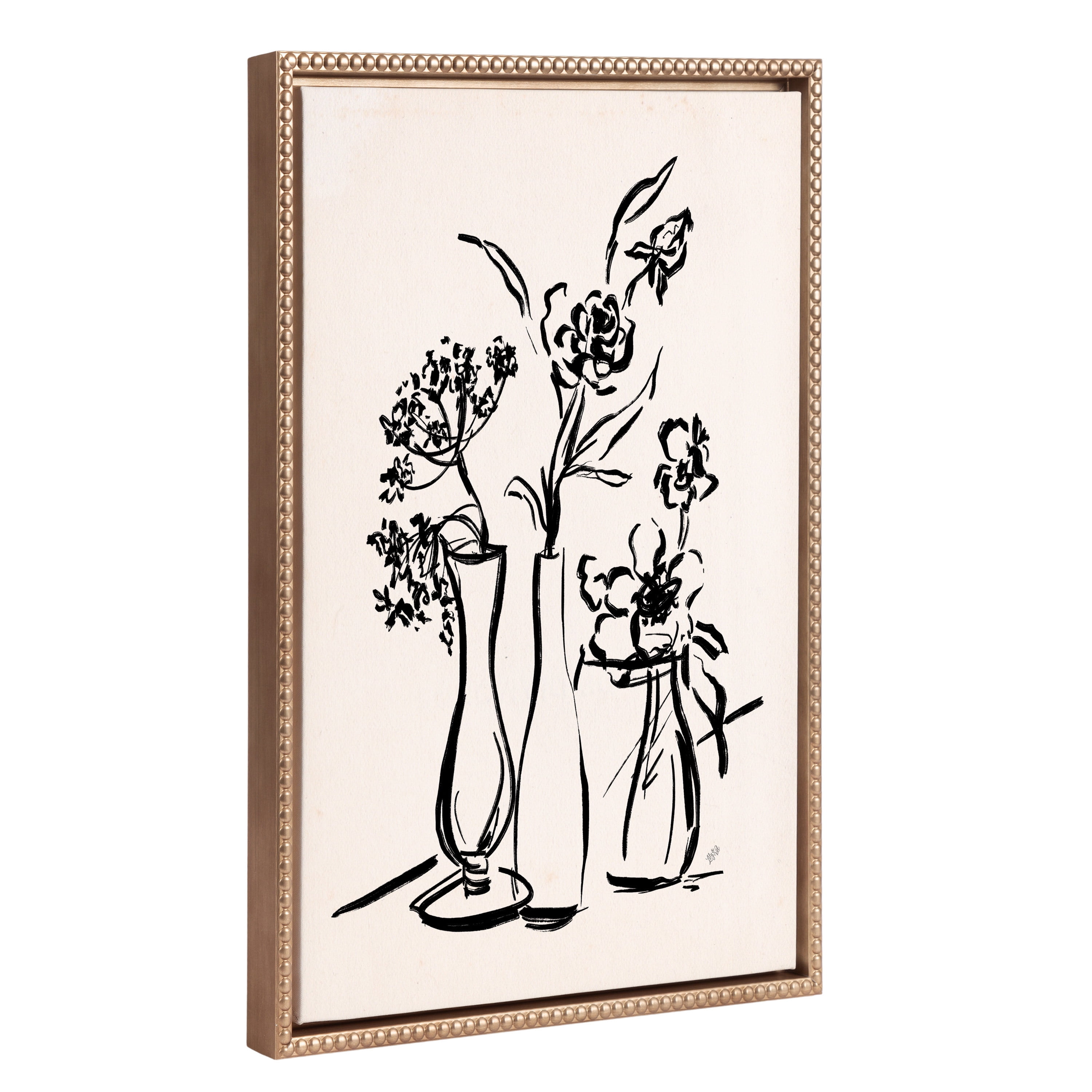18x24 Gold Beaded Frame Black Floral Sketch Canvas Art