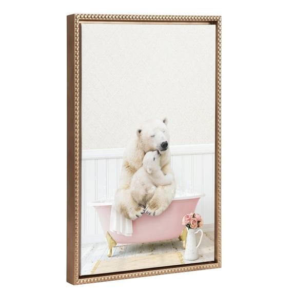 Kate and Laurel Sylvie Beaded Mother and Baby Polar Bear in Cottage Rose Bath Vintage Framed Canvas Wall Art by Amy Peterson, 18x24 Gold, Modern Cute Animal Bathtub Art for Wall