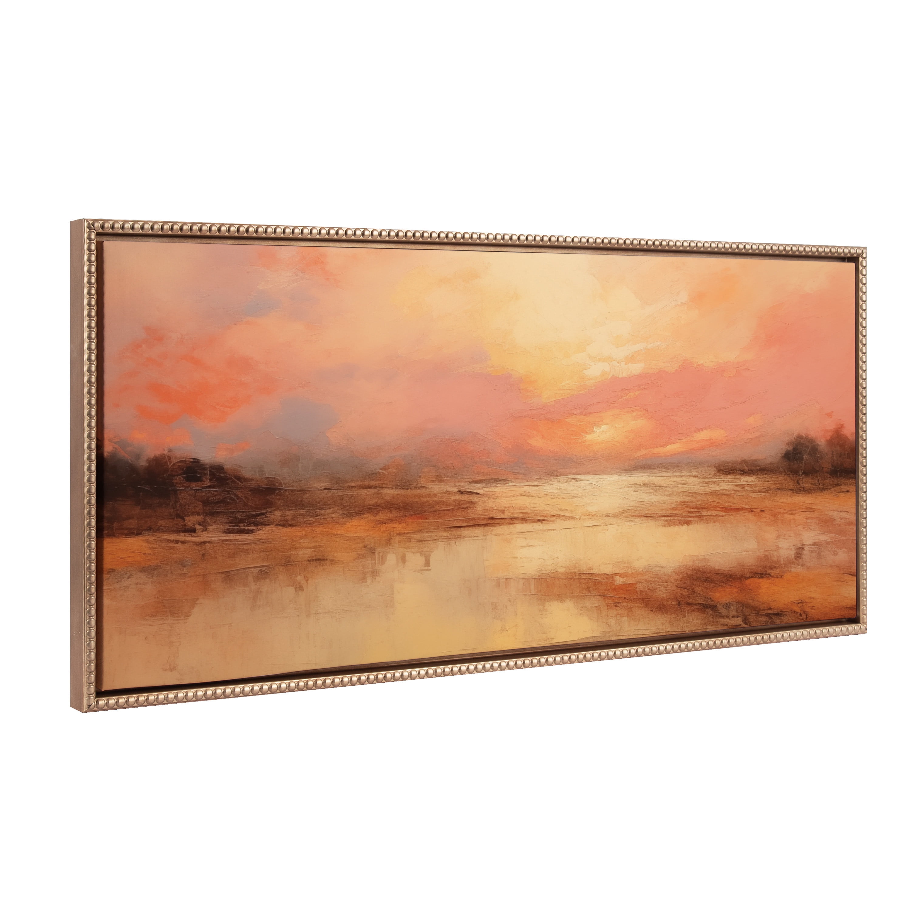 Golden Peach Sunset Landscape Canvas Print with Beaded Gold Frame
