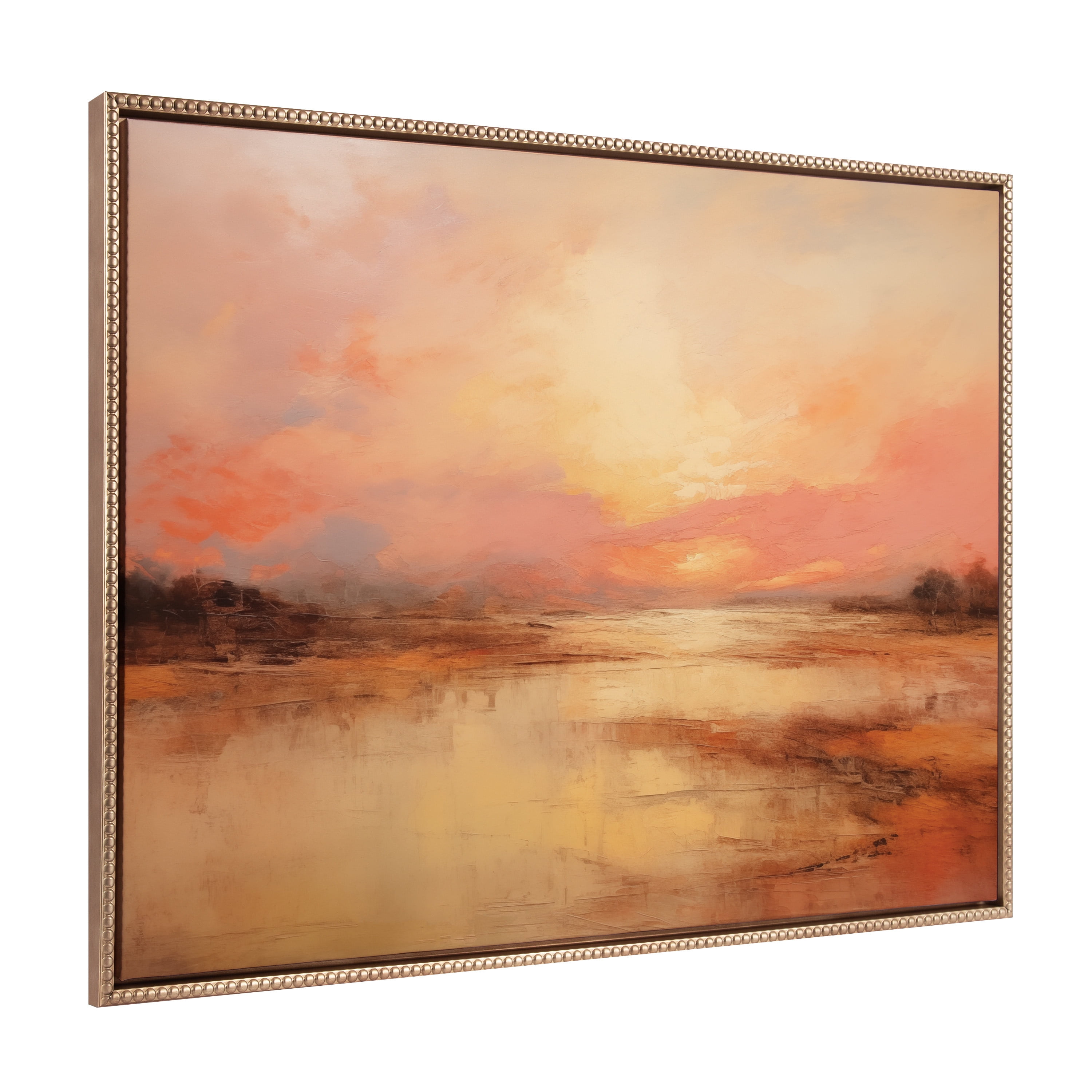 Golden Sunset Peach Landscape Canvas Print with Beaded Gold Frame