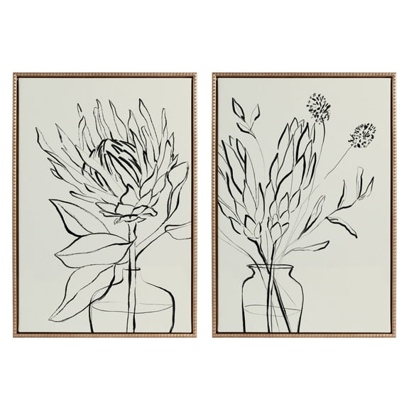 Kate and Laurel Sylvie Beaded SB Protea Sketch 1 BW and SB Protea Sketch 2 BW Vintage Framed Canvas Wall Art Set by Sara Berrenson, 2 Piece Set 23x33 Gold, Soft Plant Greenery Art for Wall