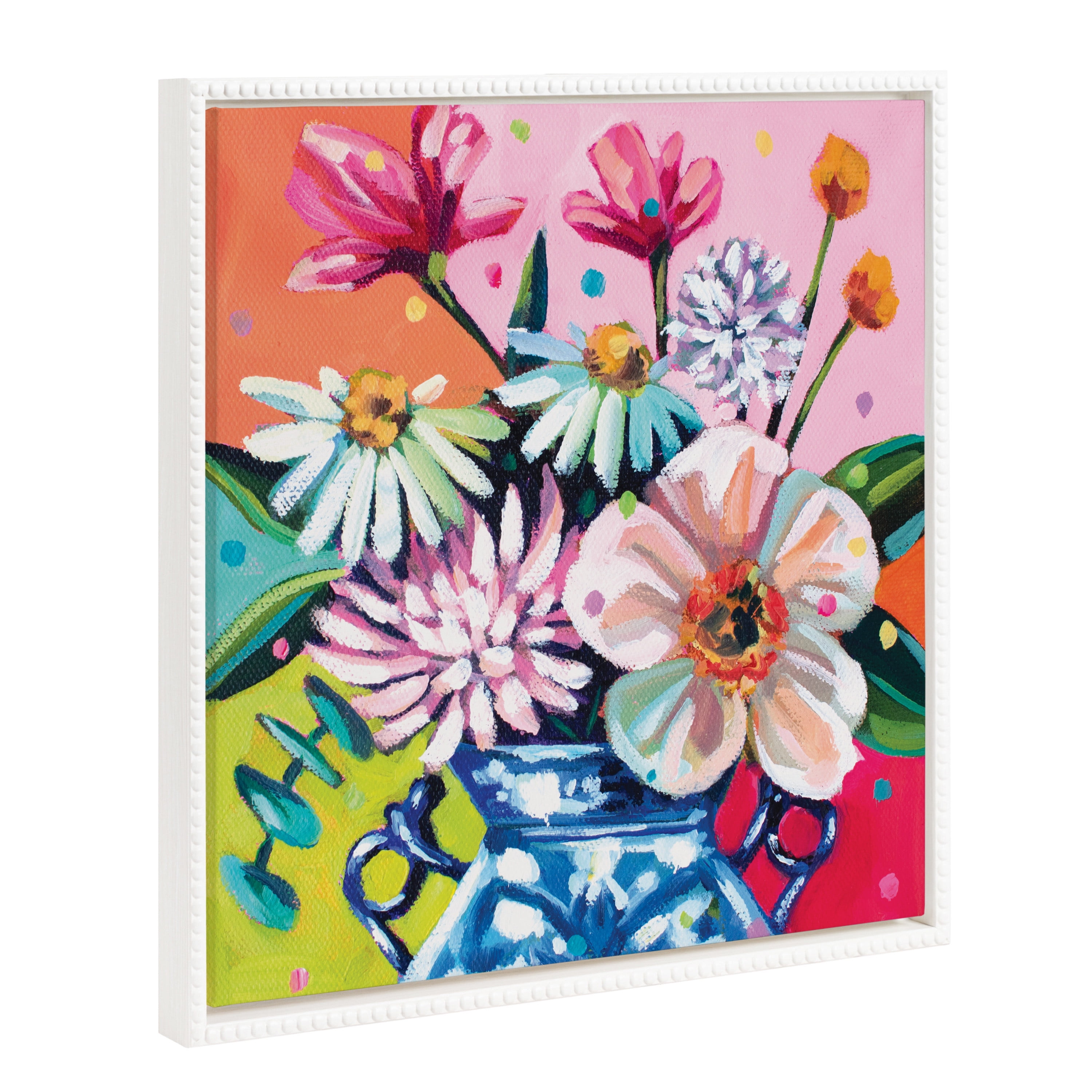 22"x22" White Beaded Frame Colorful Flower Vase Canvas Print