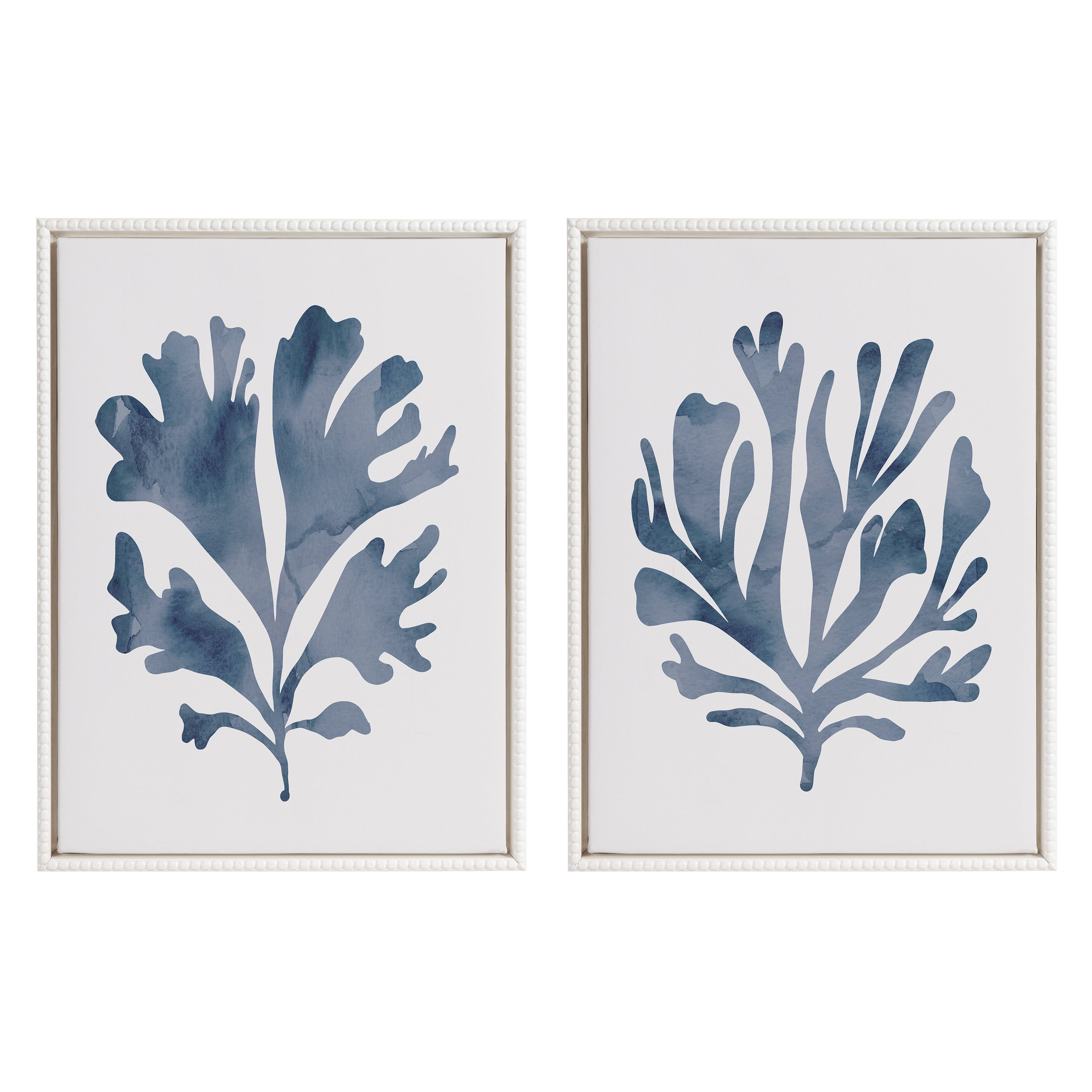 Sophisticated Blue Coral Abstract Canvas Art Set with Beaded White Frame