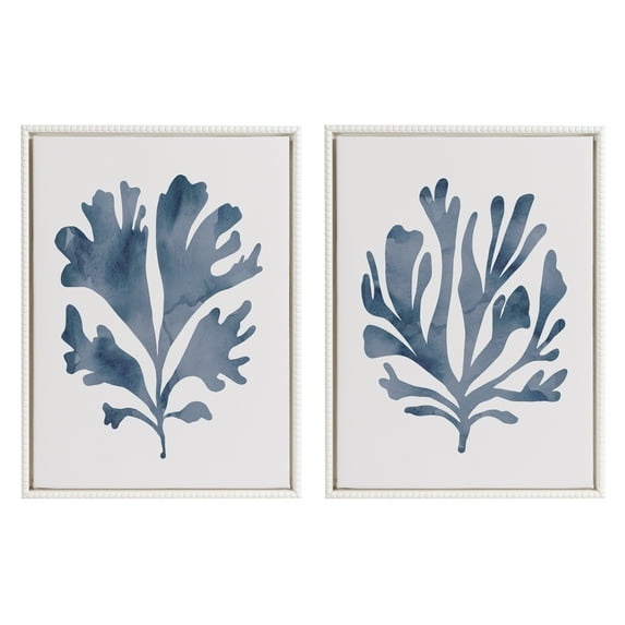 Kate and Laurel Sylvie Beaded Sophisticated Neutral Coral Blue 1 and Sophisticated Neutral Coral Blue 2 Framed Canvas Wall Art Set by The Creative Bunch Studio, 2 Piece Set 18x24 White, Light Blue Art