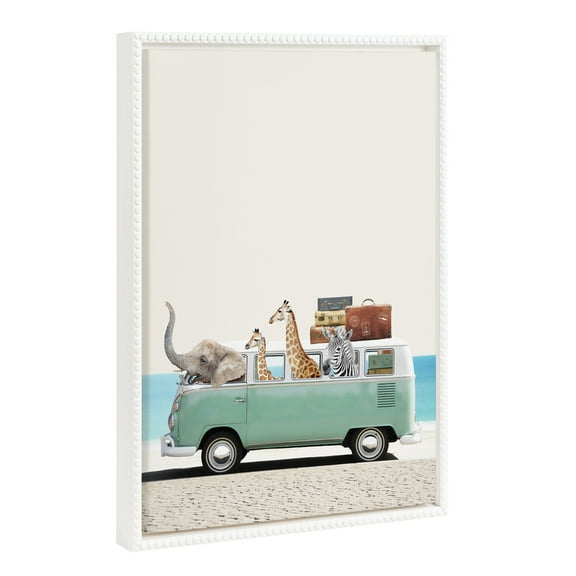 Kate and Laurel Sylvie Beaded Summer Animal Adventures Vintage Framed Canvas Wall Art by July Art Prints, 18x24 White, Zoo Animal Beach Car Wall Decor
