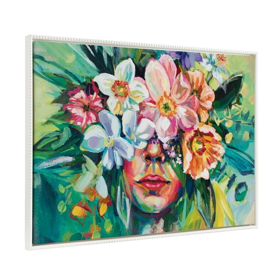 Kate and Laurel Sylvie Beaded She Thrived in the Overgrowth Vintage Framed Canvas Wall Art by Rachel Christopoulos, 23x33 White, Colorful Female Floral Portrait Art for Wall