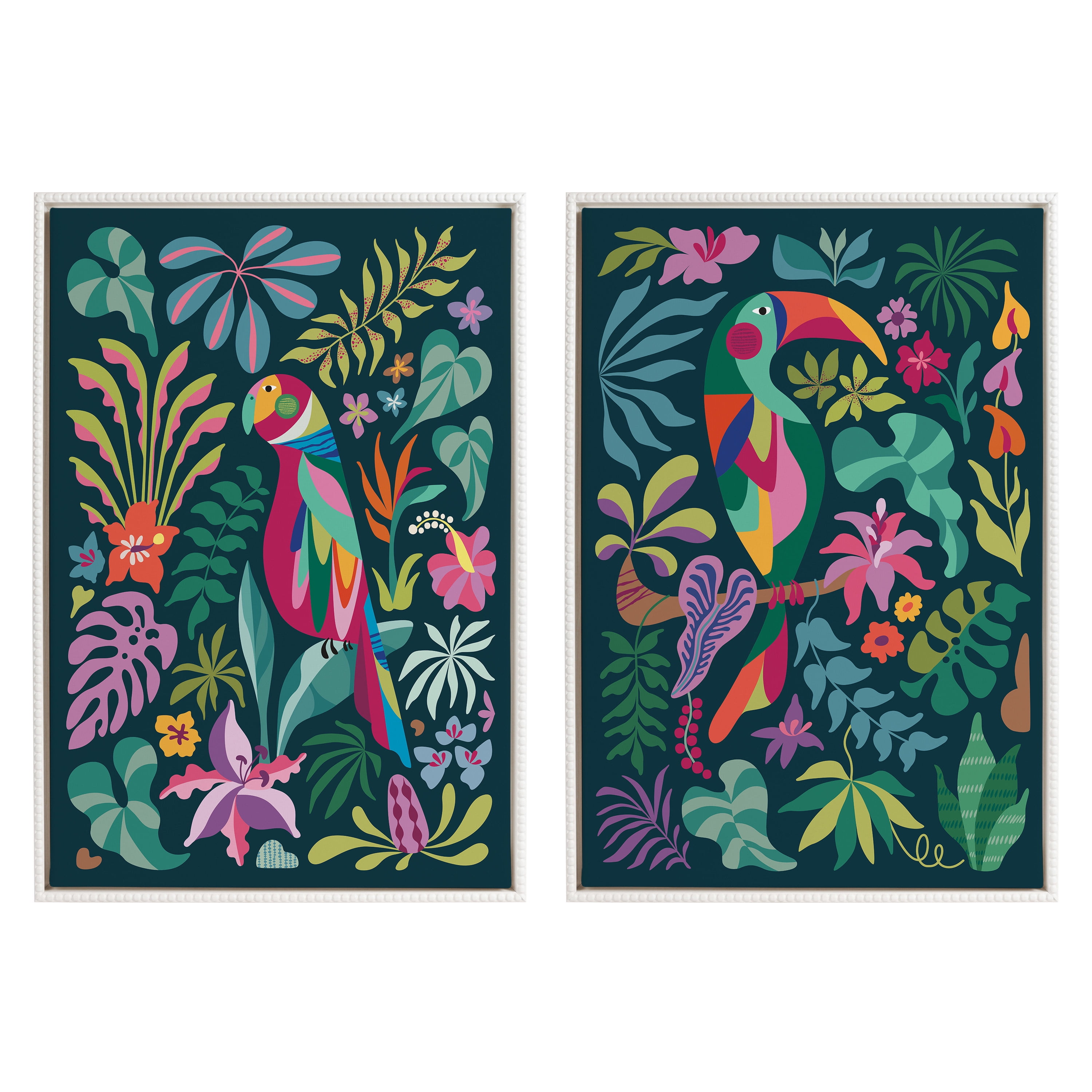 Tropical Parrot and Toucan Multicolor Canvas Art Set with Beaded White Frame