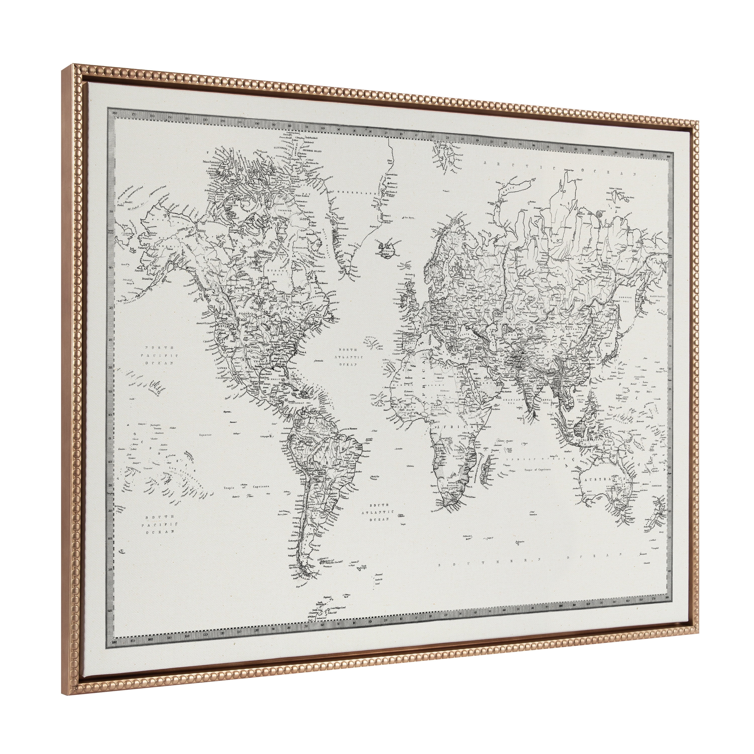 Vintage Black and White World Map Canvas with Gold Beaded Frame, 28" x 38"