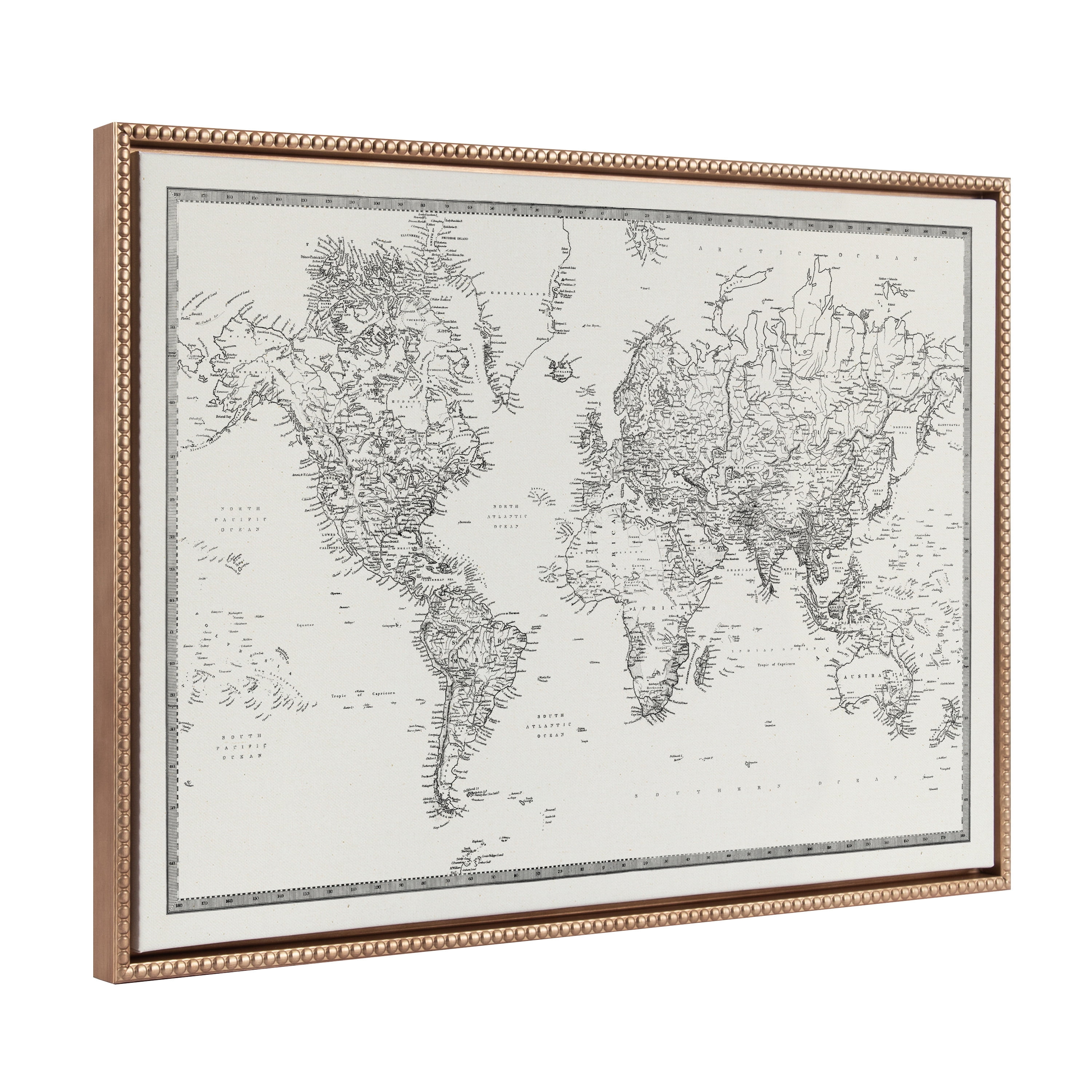 Vintage Gold Beaded Framed Black and White World Map Canvas Art
